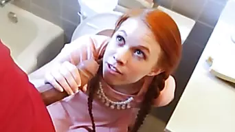 Tiny redhead stuck on the toilet then gets fucked hard